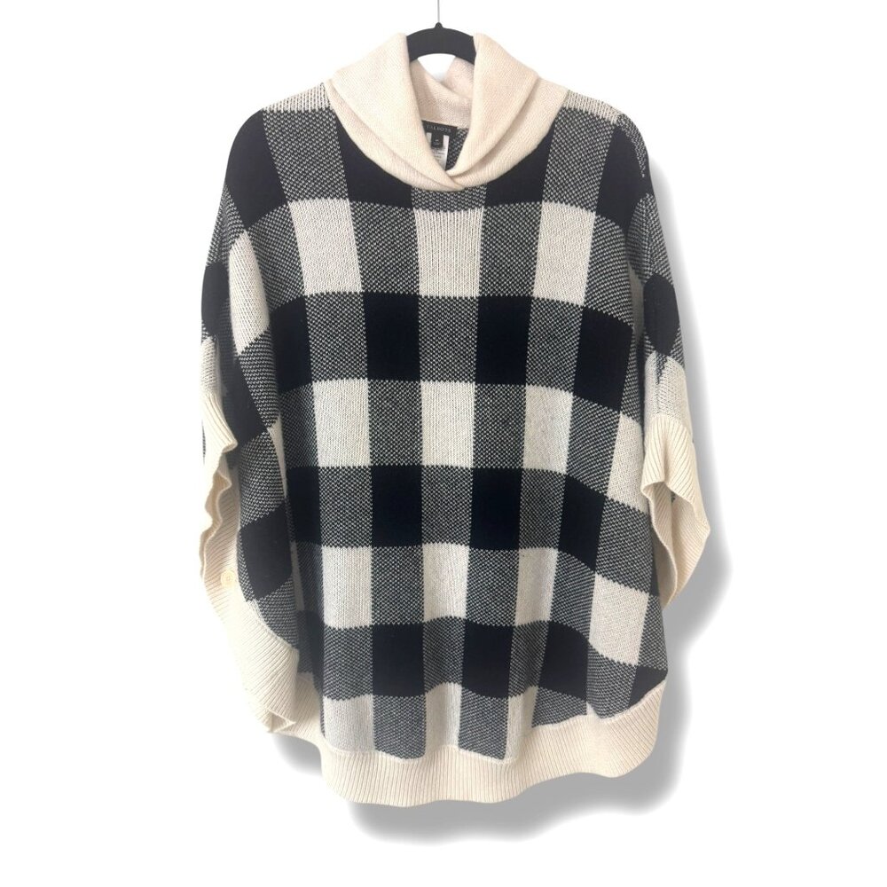Talbots Lambswool Black Creme‎ Buffalo Check Plaid Poncho Size M Cape Sweater